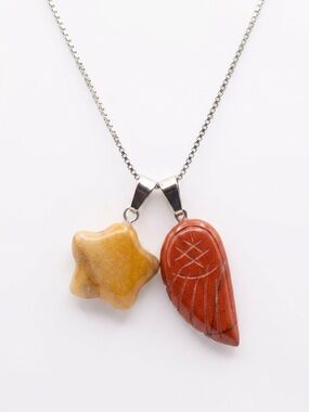 Boho hippie Red Jasper Angel Wing and Yellow Jasper Star Silver Necklace 16”